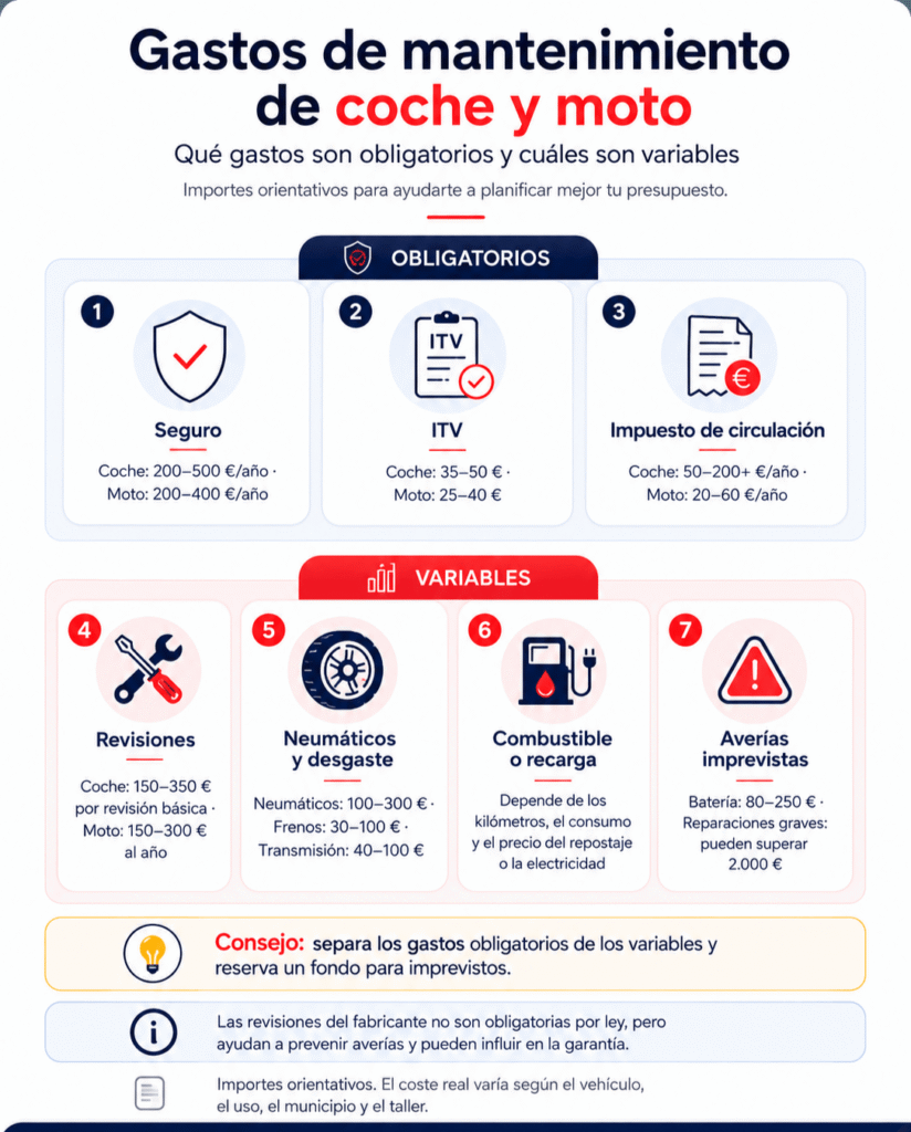 Infografia sobre les despeses obligatòries i variables de cotxe i moto: revisions, pneumàtics, assegurança, ITV, impostos, combustible i avaries.